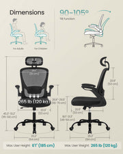 Office chair shown from the front with armrests folded up