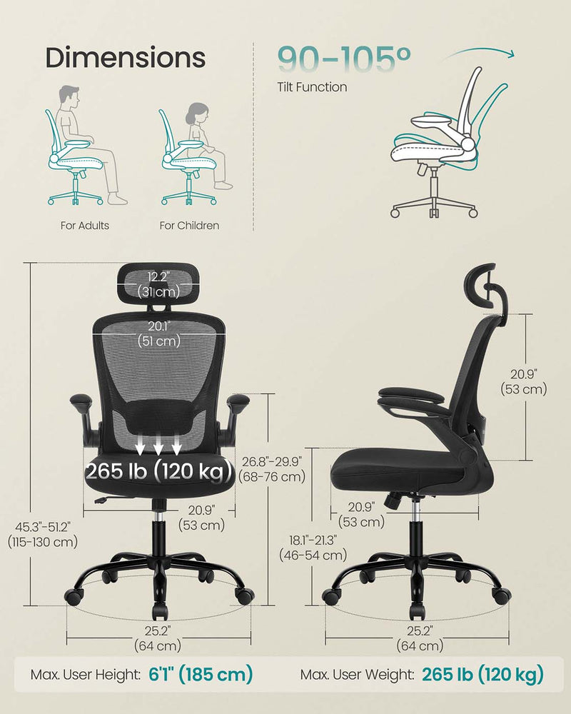 Office chair shown from the front with armrests folded up