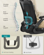 Close-up of the breathable mesh backrest and lumbar support pillow