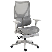 Grey ergonomic mesh office chair with footrest on a white background