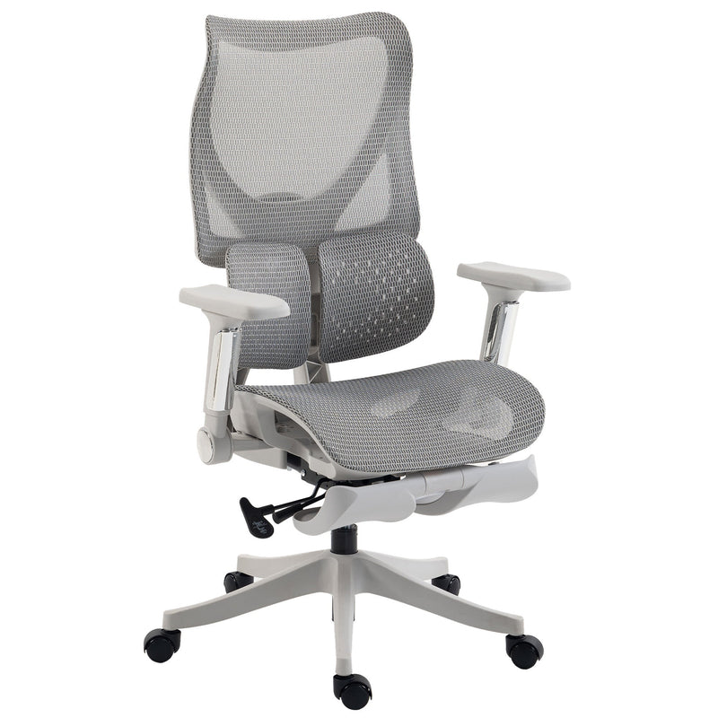 Grey ergonomic mesh office chair with footrest on a white background