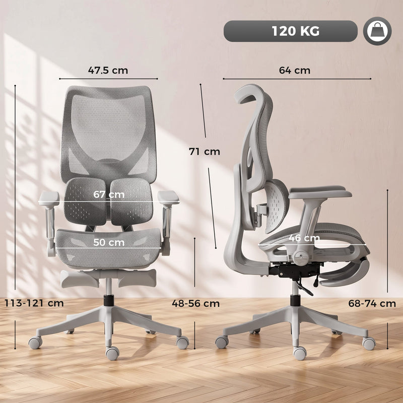 Grey mesh office chair dimensions diagram showing 67 cm width, 64 cm depth and 113-121 cm height
