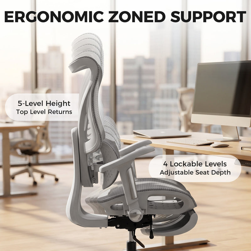 Grey mesh office chair zoned support callouts for 5 backrest heights and lockable seat depth