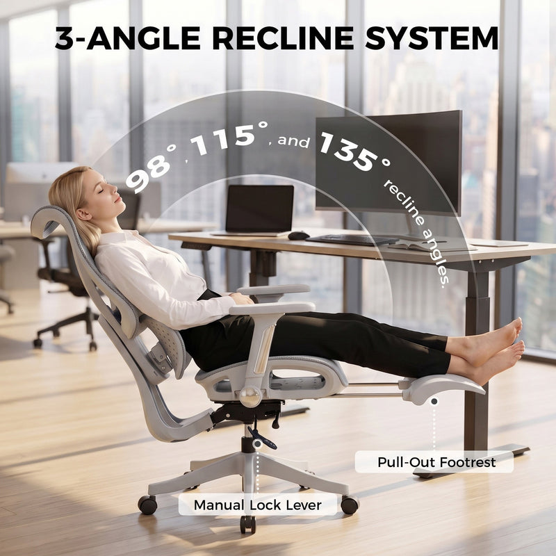 Woman reclining in a grey mesh office chair with pull-out footrest at 98, 115 and 135 degrees