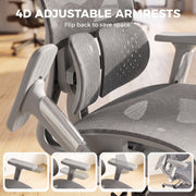 Close-up of grey 4D flip-back armrest and dual-zone lumbar backrest