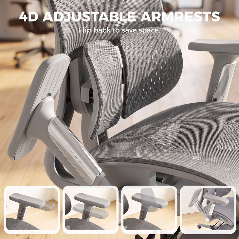Close-up of grey 4D flip-back armrest and dual-zone lumbar backrest
