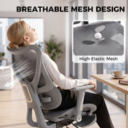 Woman leaning back in a grey mesh office chair with high-elastic mesh call-out