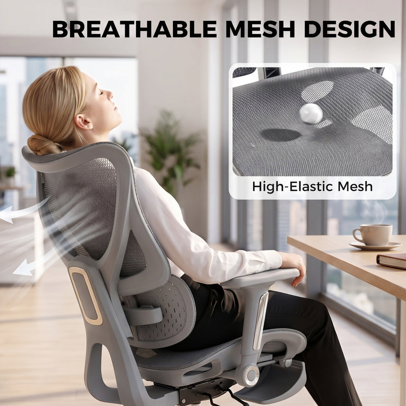 Woman leaning back in a grey mesh office chair with high-elastic mesh call-out