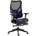Black ergonomic mesh office chair with footrest on a white background