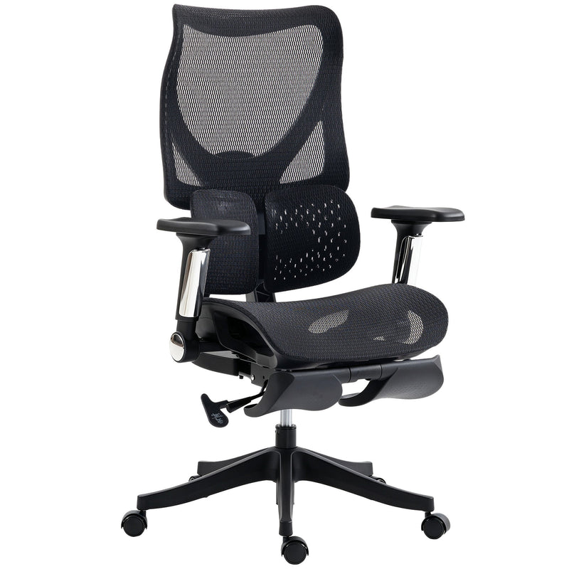 Black ergonomic mesh office chair with footrest on a white background