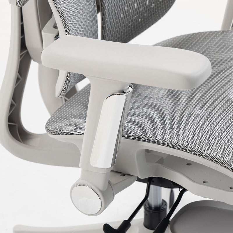 Close-up of a grey armrest and mesh seat on a white background