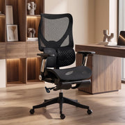 Black ergonomic mesh office chair beside wooden shelving in a home office