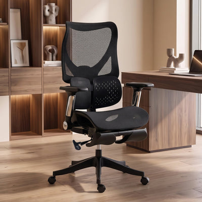 Black ergonomic mesh office chair beside wooden shelving in a home office