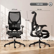 Black mesh office chair dimensions diagram showing 67 cm width, 64 cm depth and 113-121 cm height