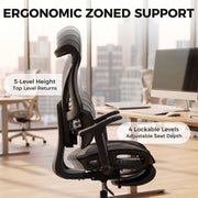 Black mesh office chair zoned support callouts for 5 backrest heights and lockable seat depth