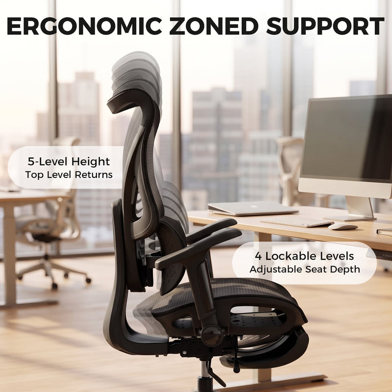 Black mesh office chair zoned support callouts for 5 backrest heights and lockable seat depth