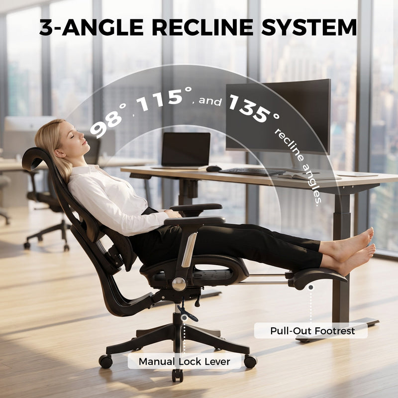 Woman reclining in a black mesh office chair with pull-out footrest at 98, 115 and 135 degrees