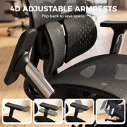 Close-up of black 4D flip-back armrest and dual-zone lumbar backrest