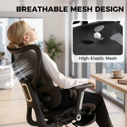 Woman leaning back in a black mesh office chair with high-elastic mesh call-out