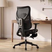 Rear view of a black mesh office chair at a wooden desk by a window