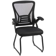 Black ergonomic mesh office chair with flip-up arms and steel sled legs, front three-quarter view