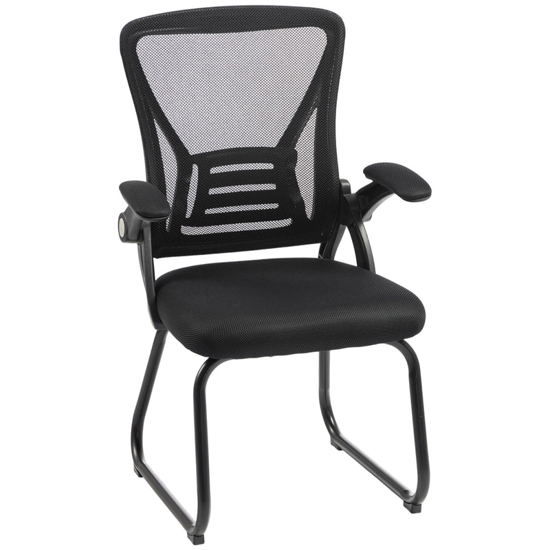 Black ergonomic mesh office chair with flip-up arms and steel sled legs, front three-quarter view