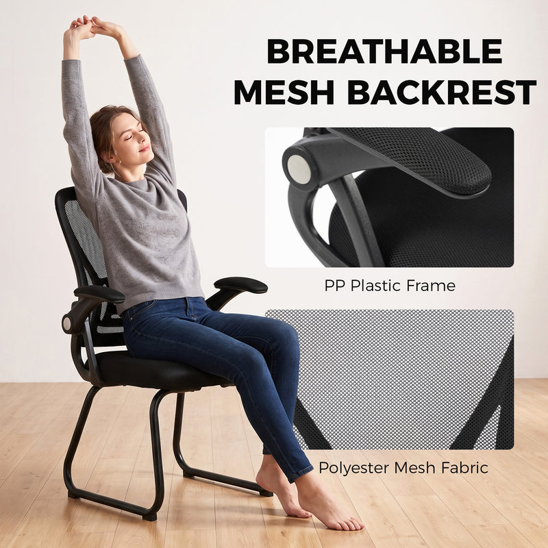 Close-up of the breathable polyester mesh fabric and PP plastic frame on the Black chair