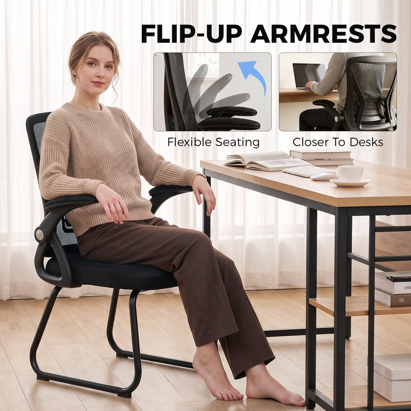 Black mesh office chair shown from a side angle highlighting the sled-style steel legs