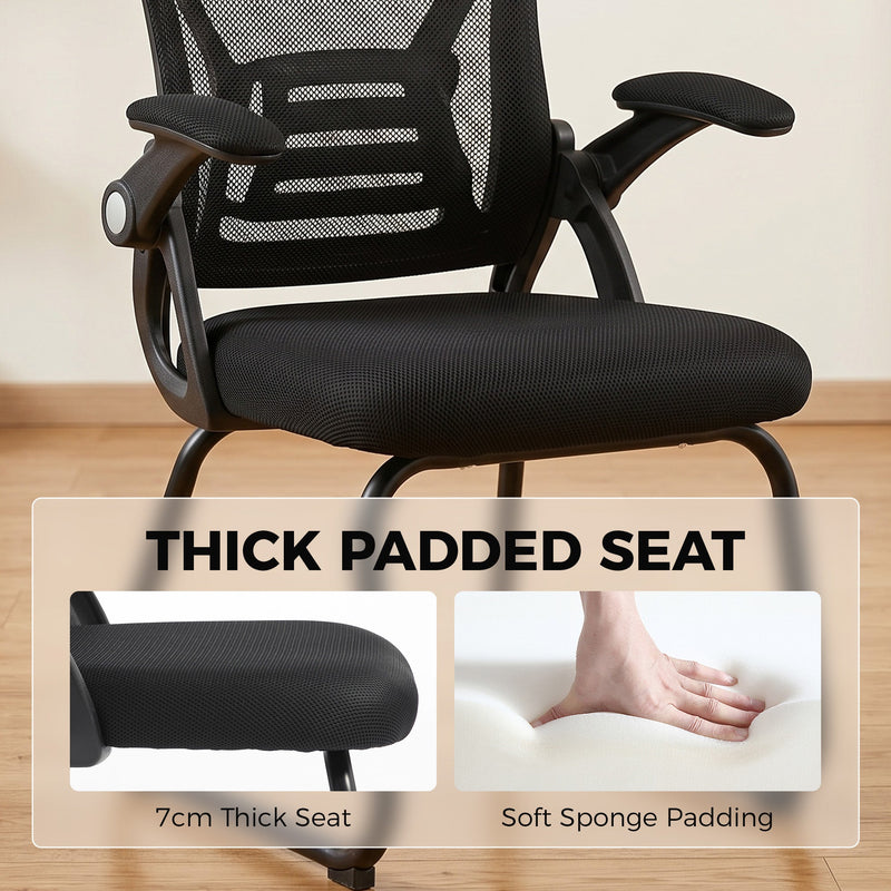Close-up of the Black chair's padded seat and mesh backrest fabric