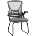 Dark Grey ergonomic mesh office chair with flip-up arms and steel sled legs, front three-quarter view