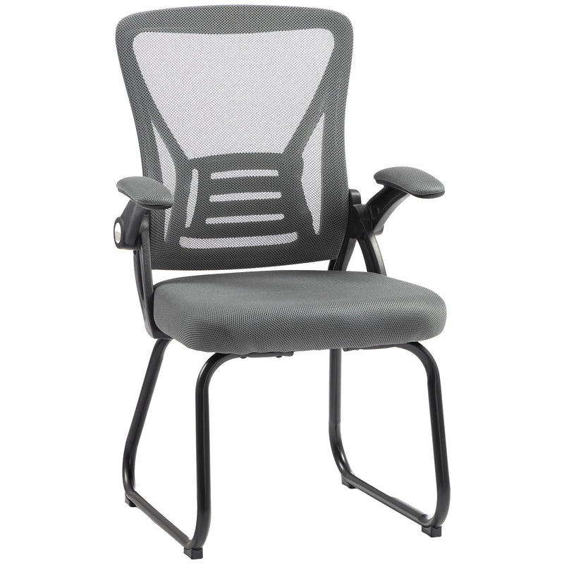 Dark Grey ergonomic mesh office chair with flip-up arms and steel sled legs, front three-quarter view