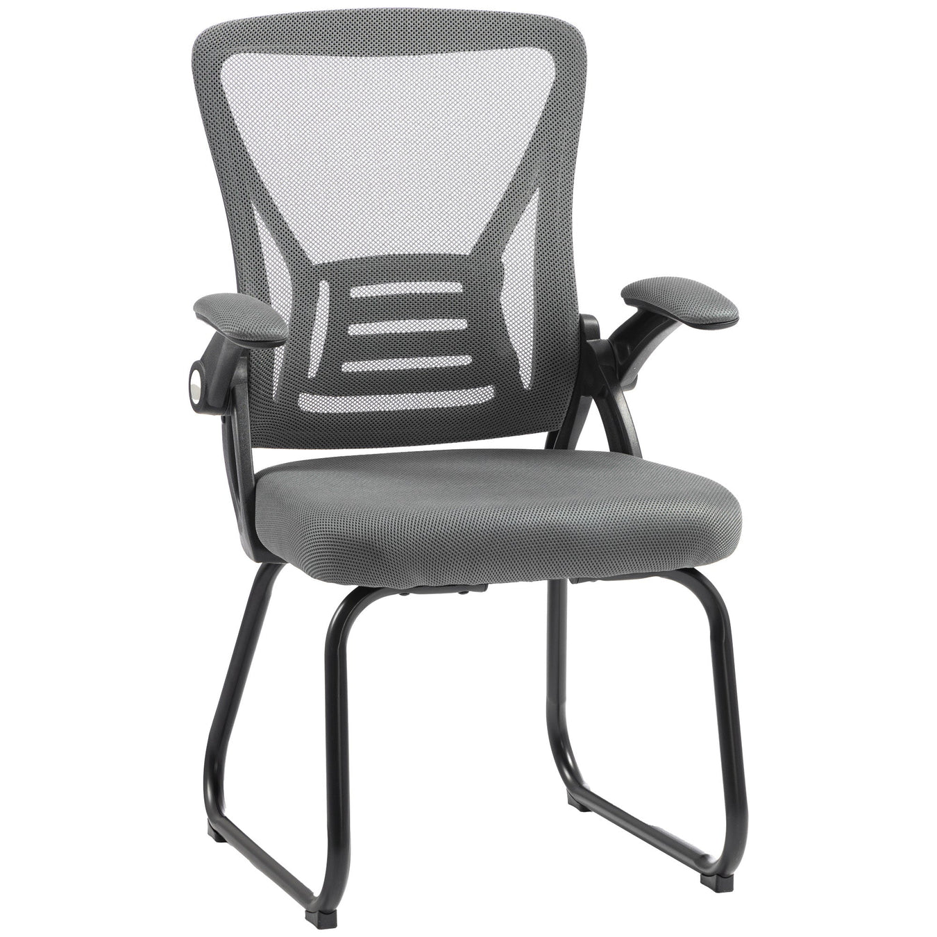 Dark Grey ergonomic mesh office chair with flip-up arms and steel sled legs, front three-quarter view