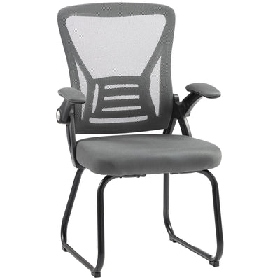 Dark Grey ergonomic mesh office chair with flip-up arms and steel sled legs, front three-quarter view