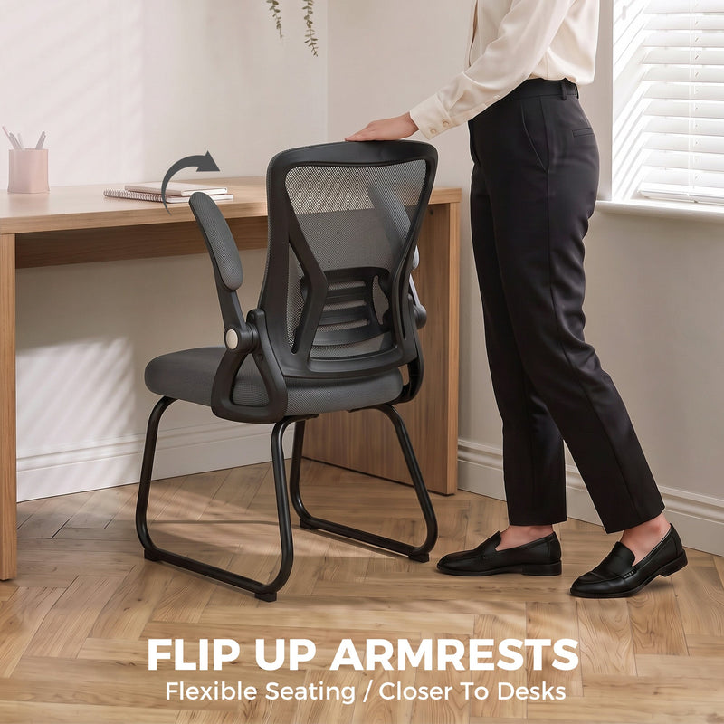 Dark Grey mesh office chair shown from a side angle highlighting the sled-style steel legs