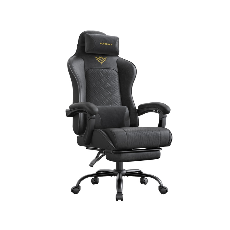 Ergonomic office chair with footrest extended, headrest pillow and lumbar cushion