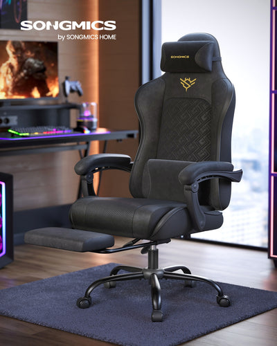 Office chair at a gaming desk in front of a window with city views