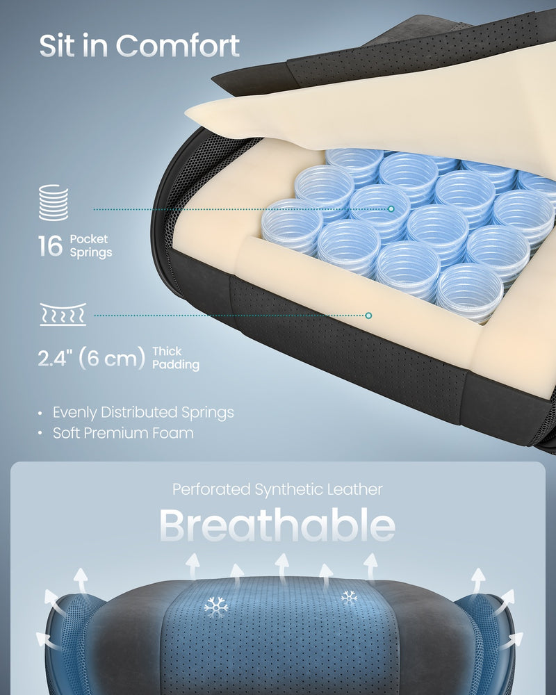 Cutaway of the seat showing 16 pocket springs, 6 cm padding and breathable perforated leather