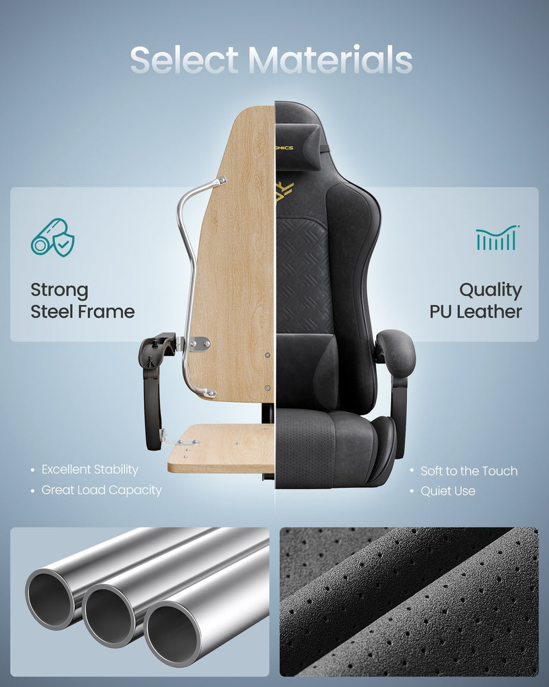 Material diagram showing the steel frame, plywood base and PU leather