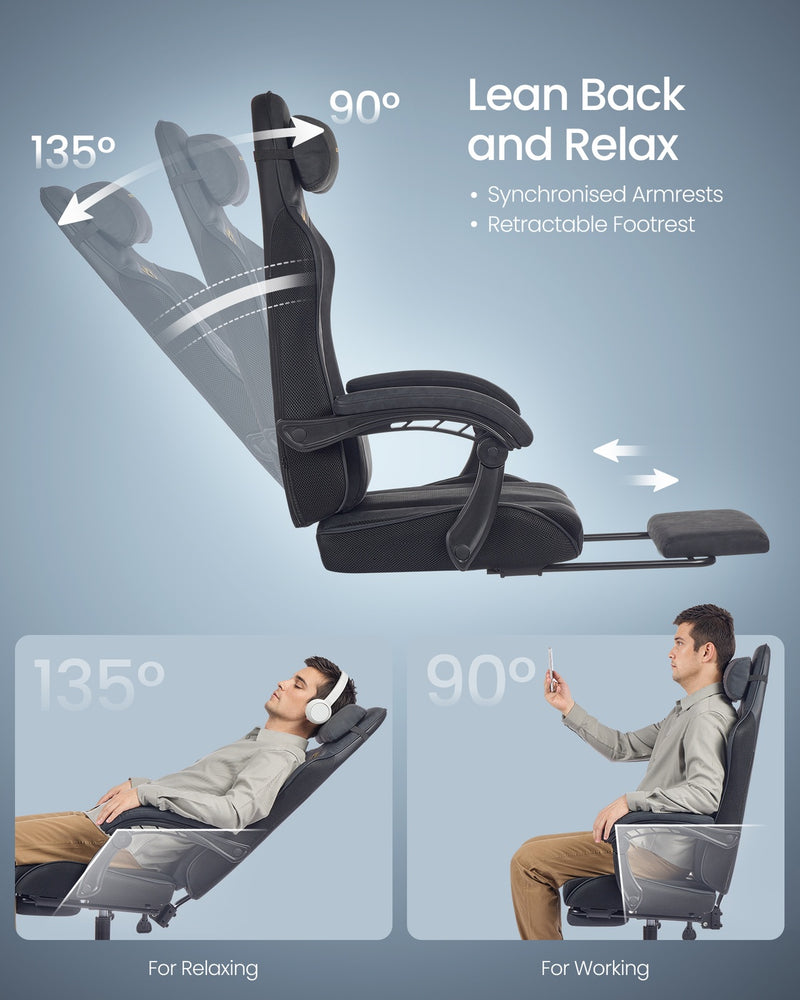 Backrest reclining from 90 to 135 degrees with synchronised armrests and retractable footrest