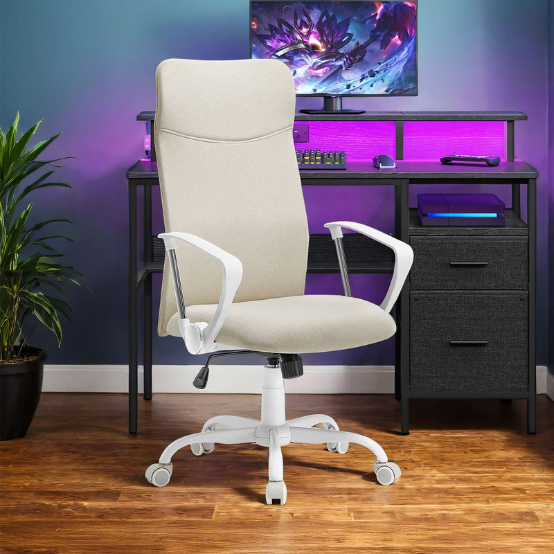 Beige ergonomic office chair in a gaming desk setup with RGB lighting