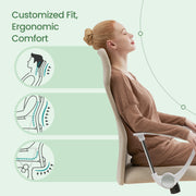 Front angle view of the beige office chair showing the armrests and swivel base