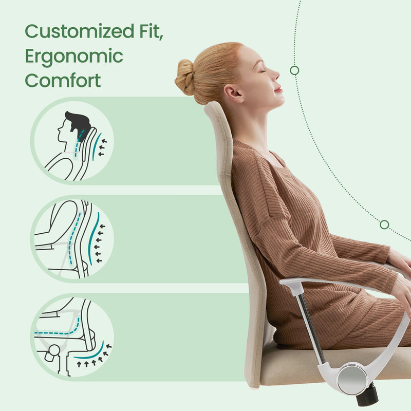 Front angle view of the beige office chair showing the armrests and swivel base