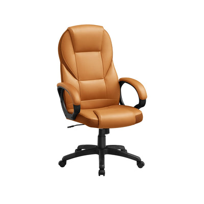 Caramel brown ergonomic swivel office chair studio shot from the front