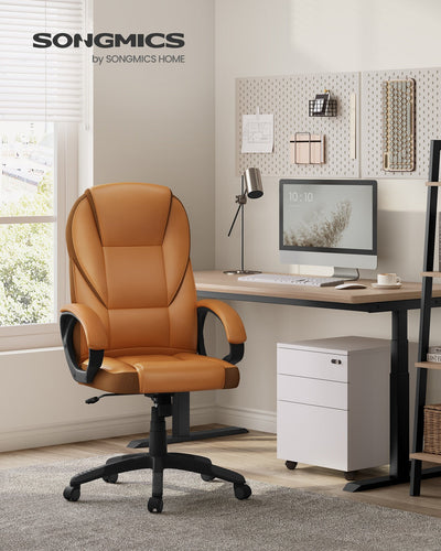 Caramel brown office chair in a home office lifestyle setting