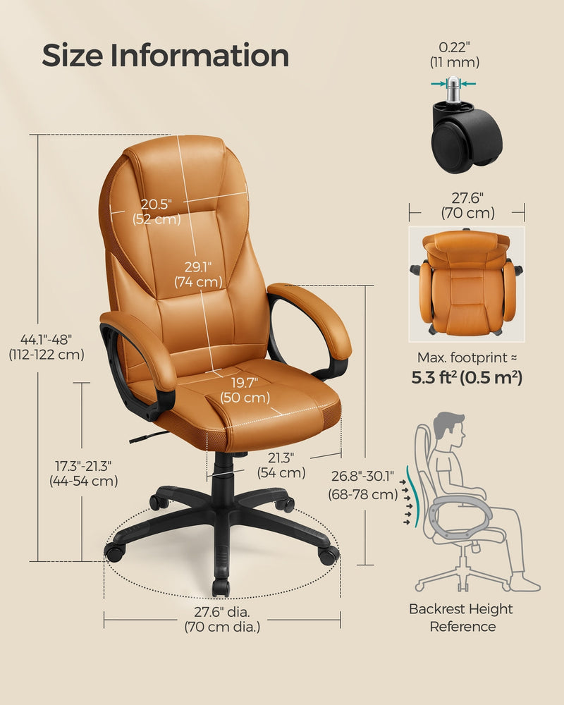 Size information diagram showing chair dimensions and adjustable height range