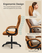 Ergonomic head, back and hip support points highlighted on the caramel brown office chair