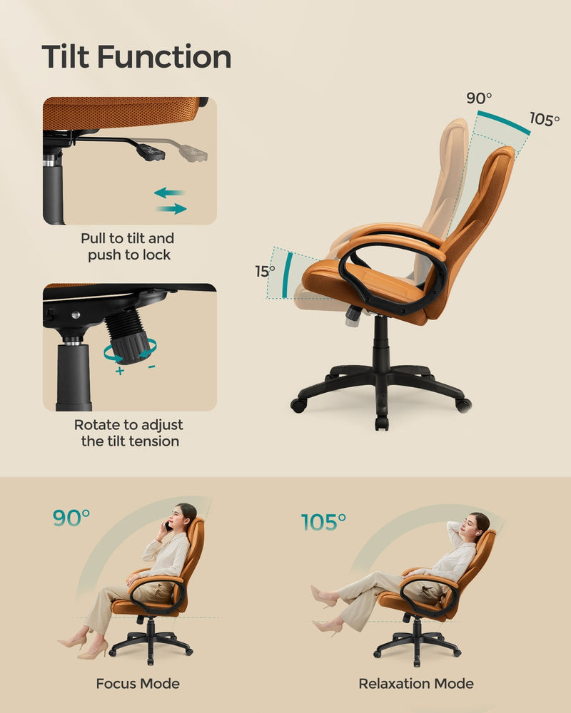 Tilt function showing 90 to 105 degree recline and tension adjustment dial on the caramel brown office chair