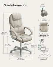 Size information diagram showing chair dimensions and adjustable height range