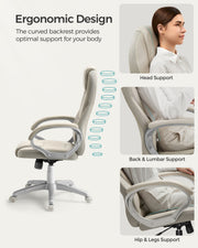 Ergonomic head, back and hip support points highlighted on the cream white office chair