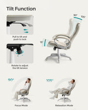 Tilt function showing 90 to 105 degree recline and tension adjustment dial on the cream white office chair